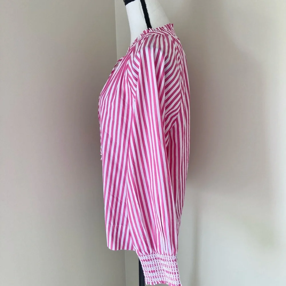 J Crew Smocked-cuff popover top in Pink and White stripe Size S